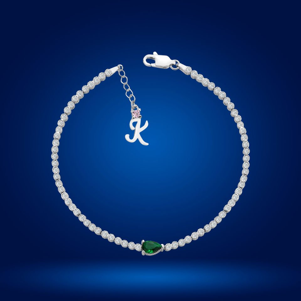 925 Ayar Gümüş Pırlanta Montürlü Damla Zincir Harfli Su Yolu Bileklik K