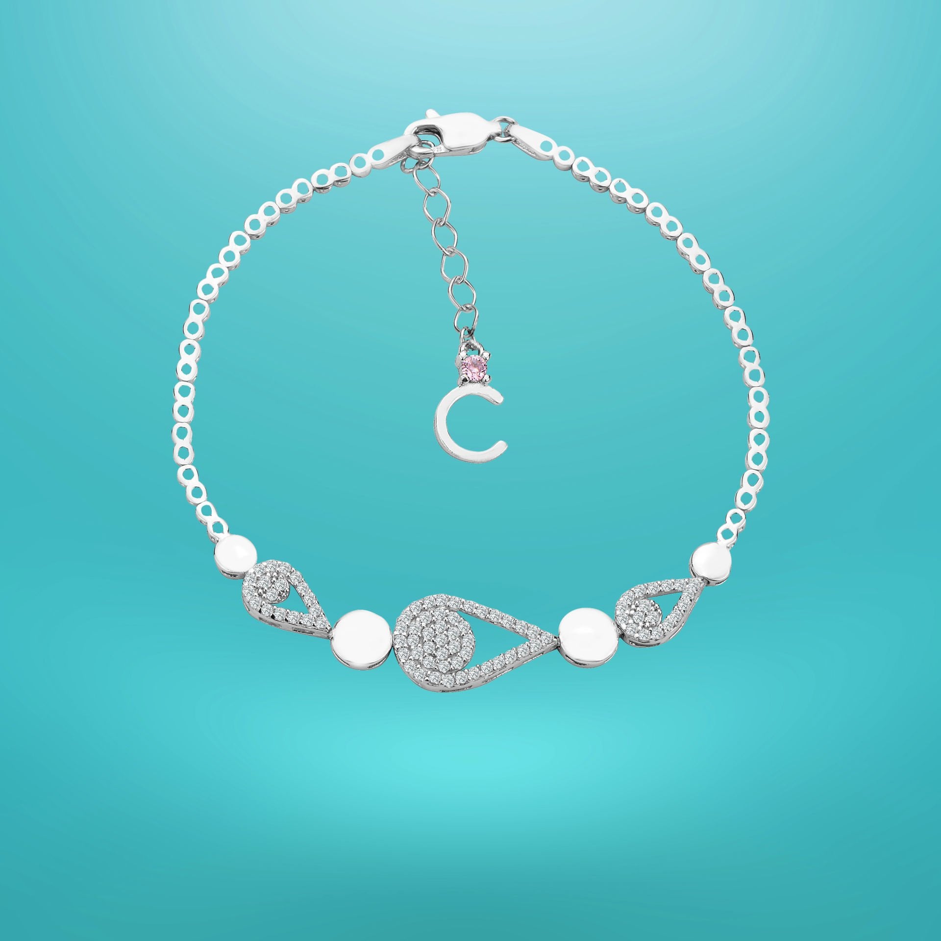 925 Ayar Gümüş Damla Zincir Harfli Su Yolu Bileklik C