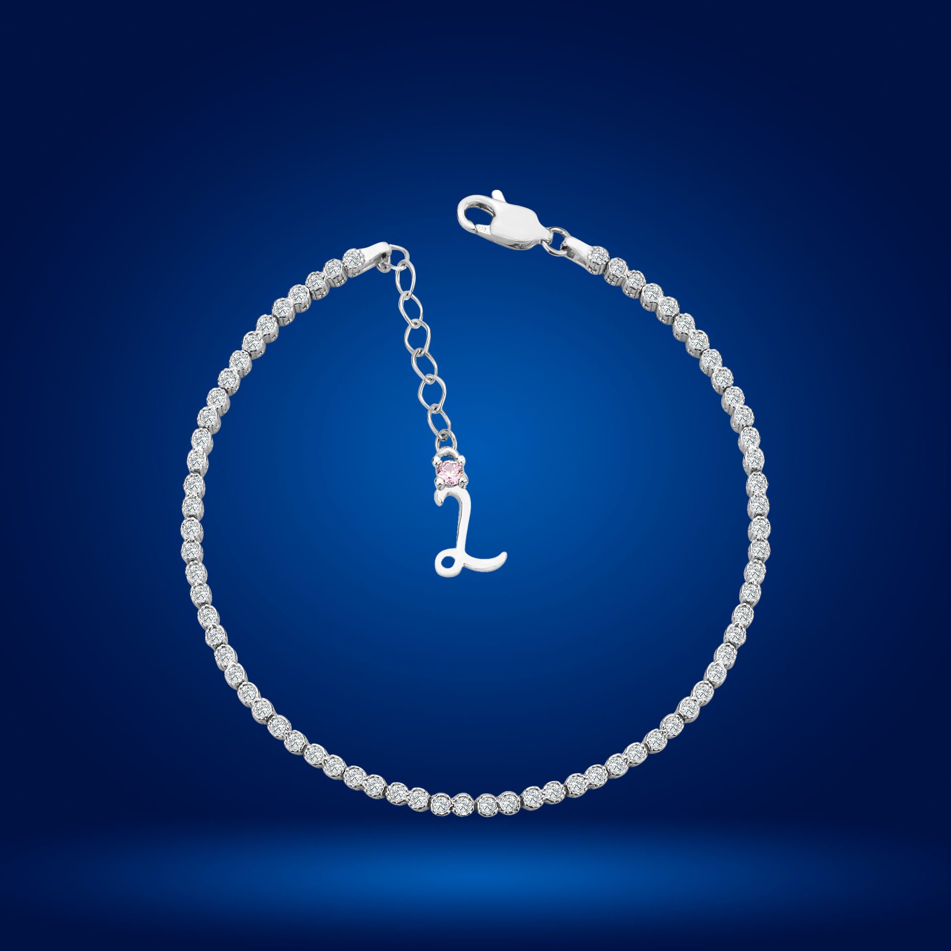 925 Ayar Gümüş Pırlanta Montürlü Damla Zincir Harfli Su Yolu Bileklik L