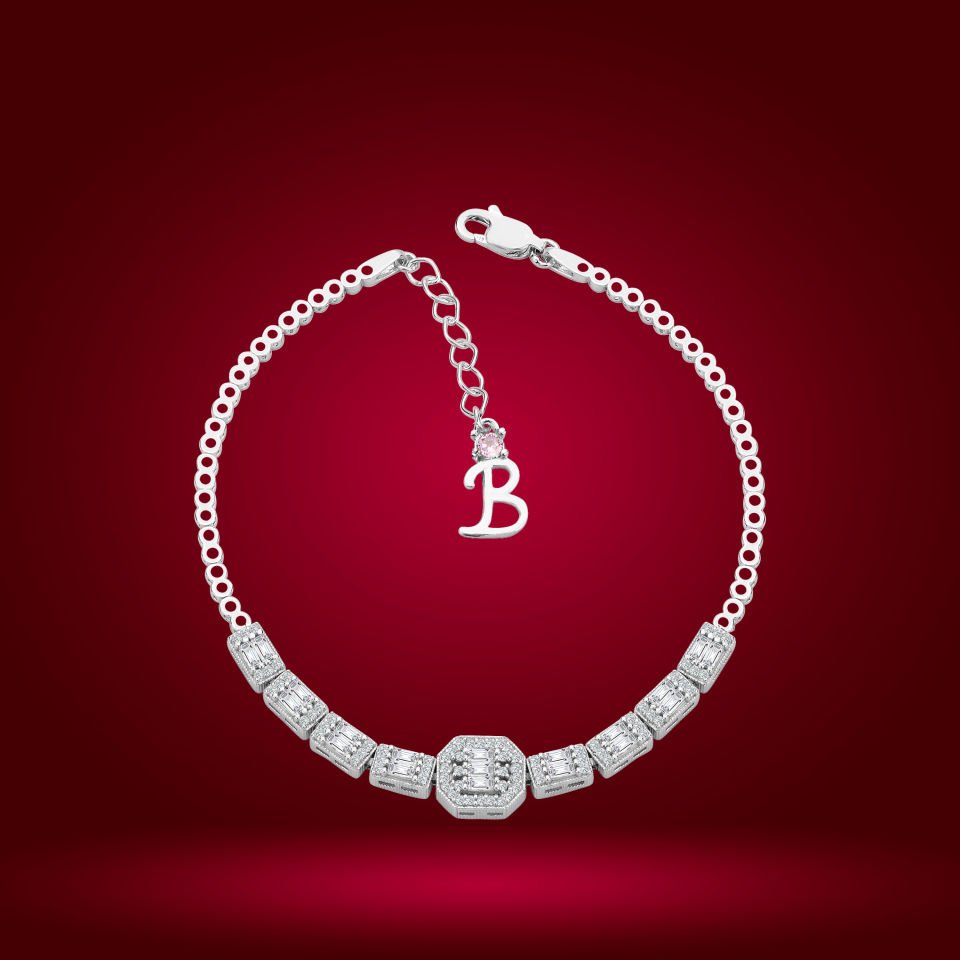 925 Ayar Gümüş Baget Zincir Harfli Su Yolu Bileklik B