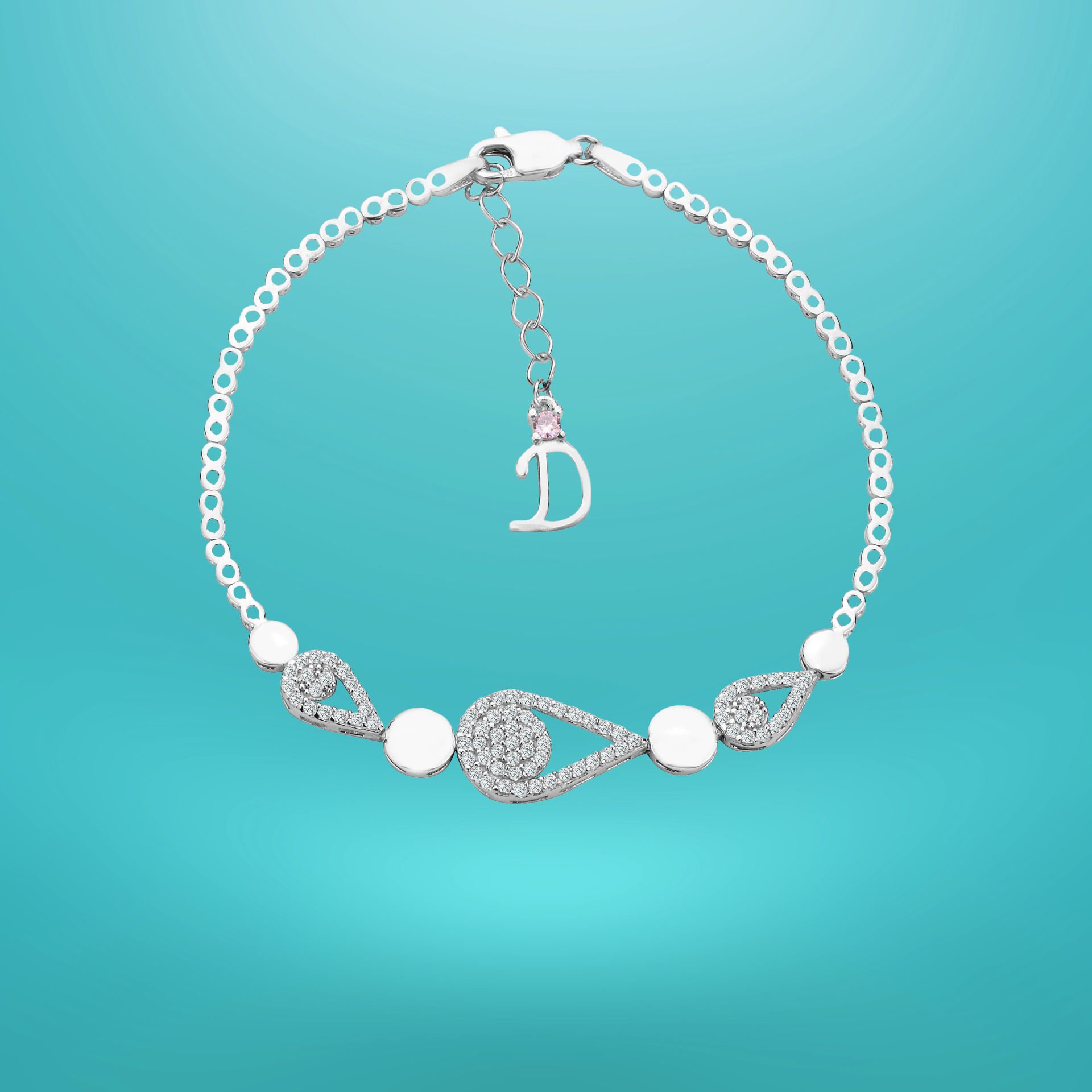 925 Ayar Gümüş Damla Zincir Harfli Su Yolu Bileklik D