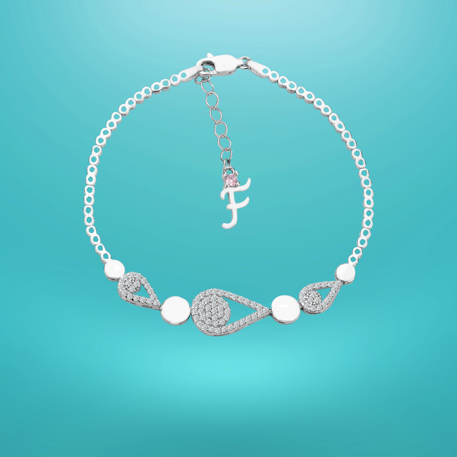 925 Ayar Gümüş Damla Zincir Harfli Su Yolu Bileklik F