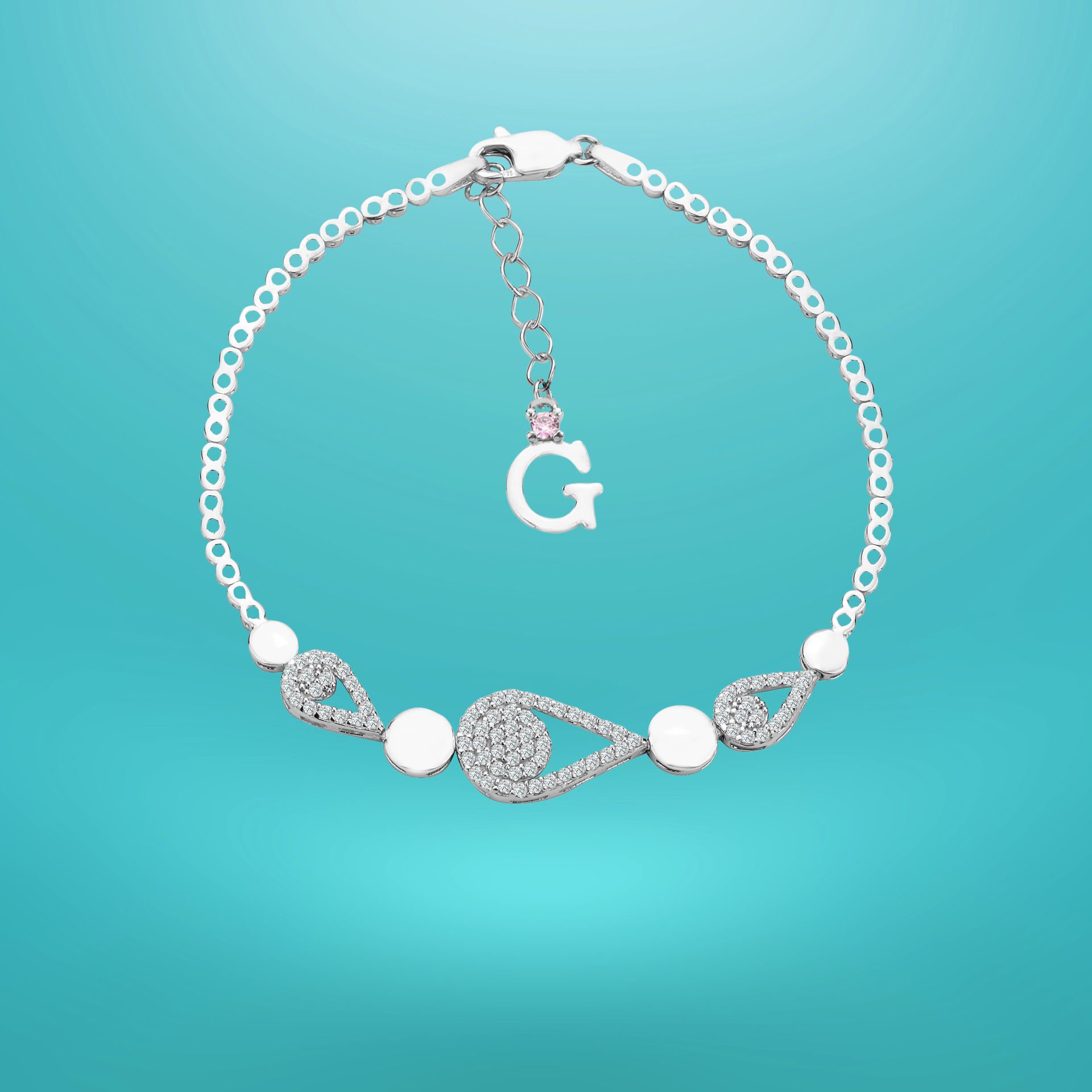 925 Ayar Gümüş Damla Zincir Harfli Su Yolu Bileklik G