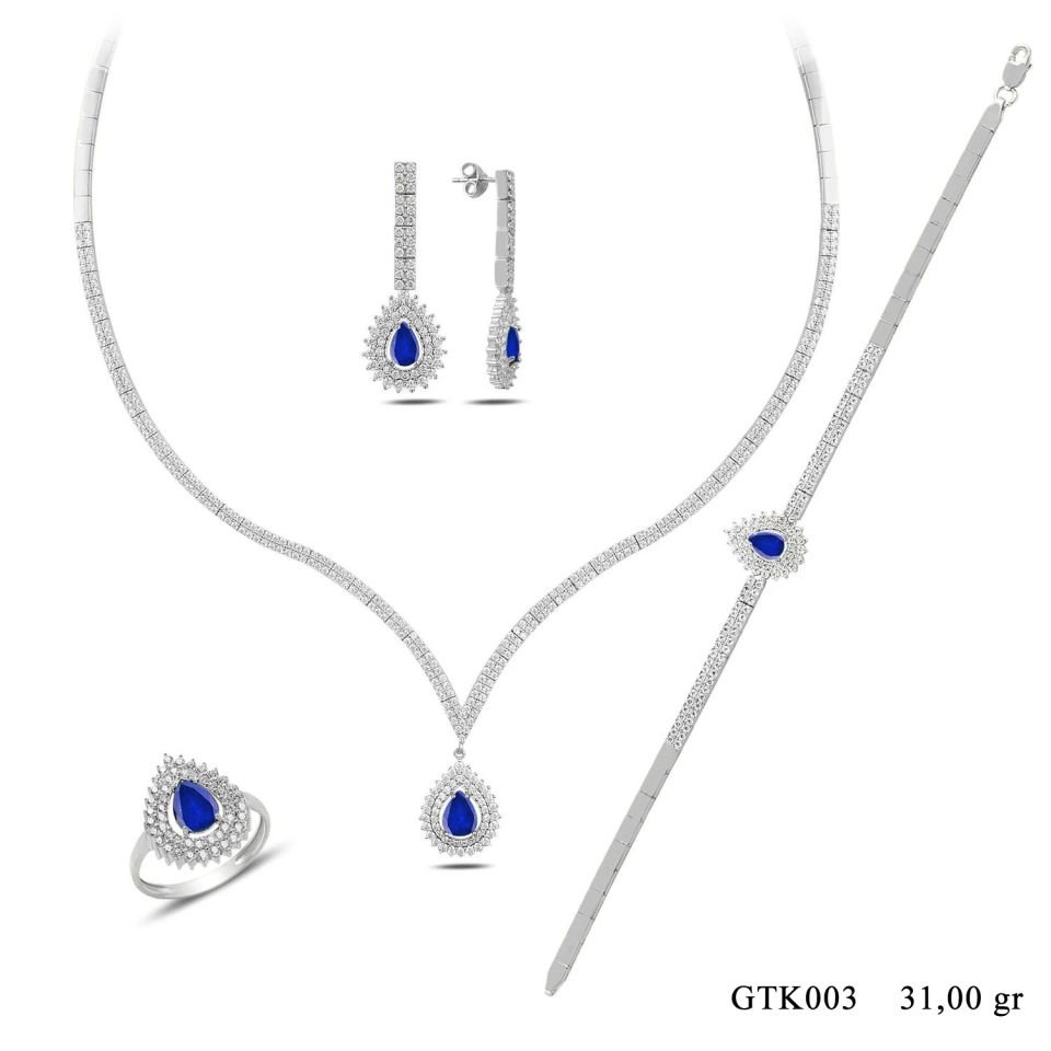 925 Ayar Gümüş 2 Sıra Mavi V Hürrem Model Su Yolu Set