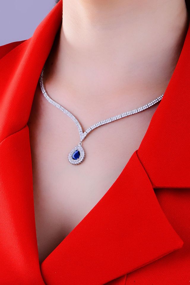 925 Ayar Gümüş 2 Sıra Mavi V Hürrem Model Su Yolu Set