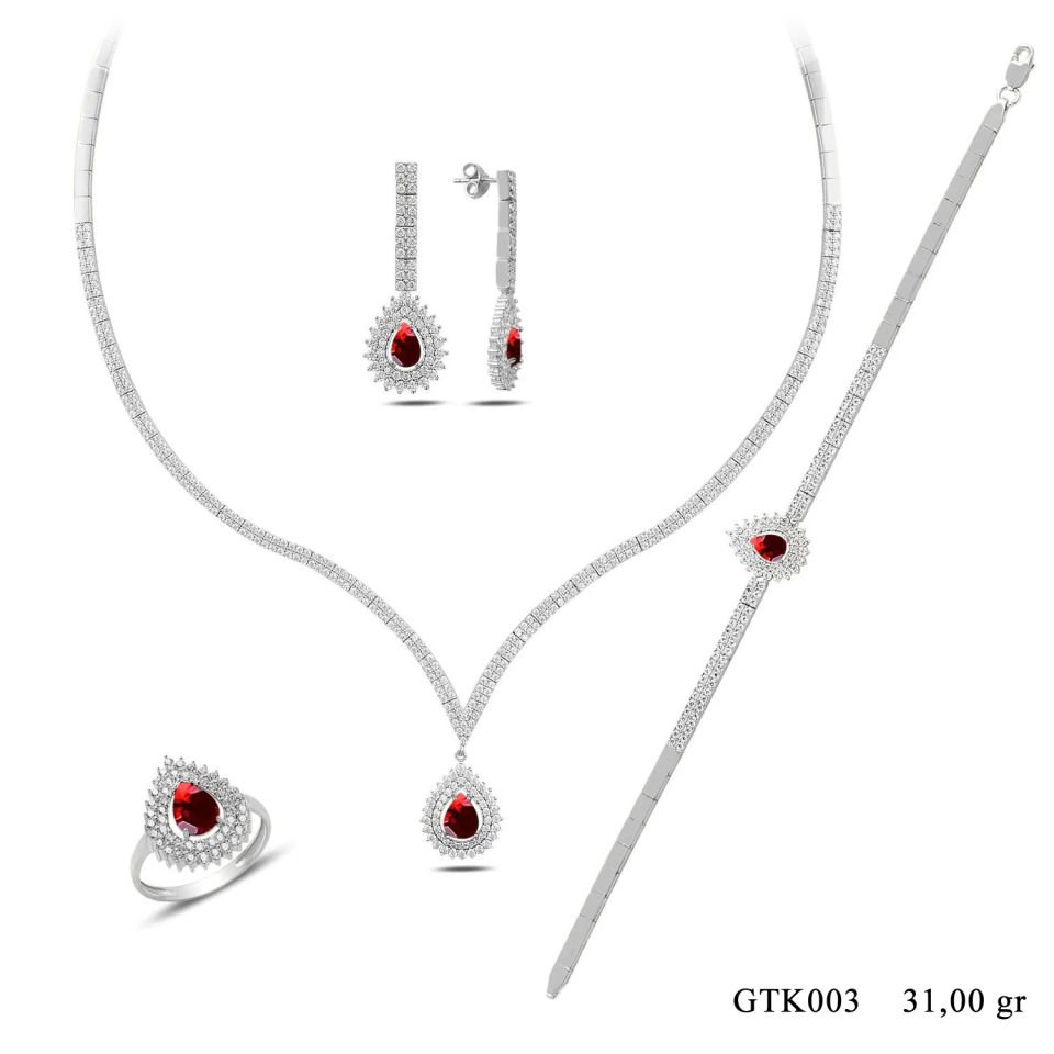 925 Ayar Gümüş 2 Sıra Kırmızı V Hürrem Model Su Yolu Set