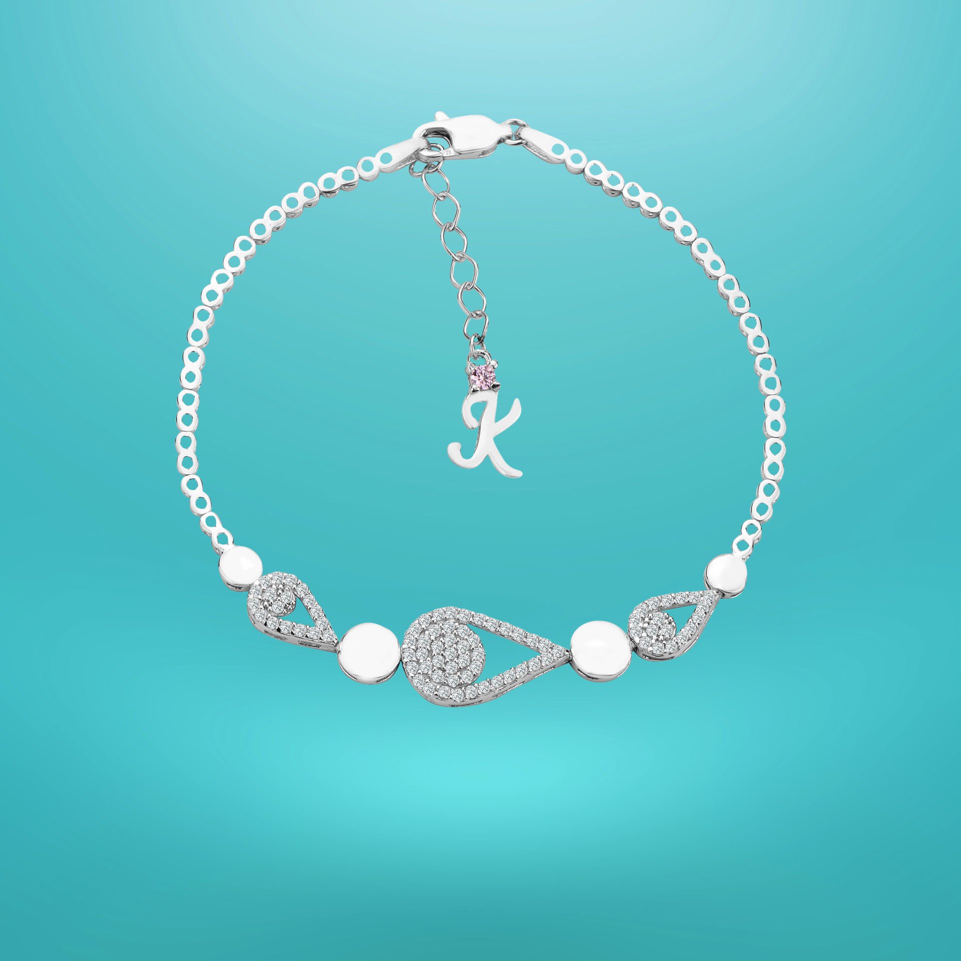 925 Ayar Gümüş Damla Zincir Harfli Su Yolu Bileklik K