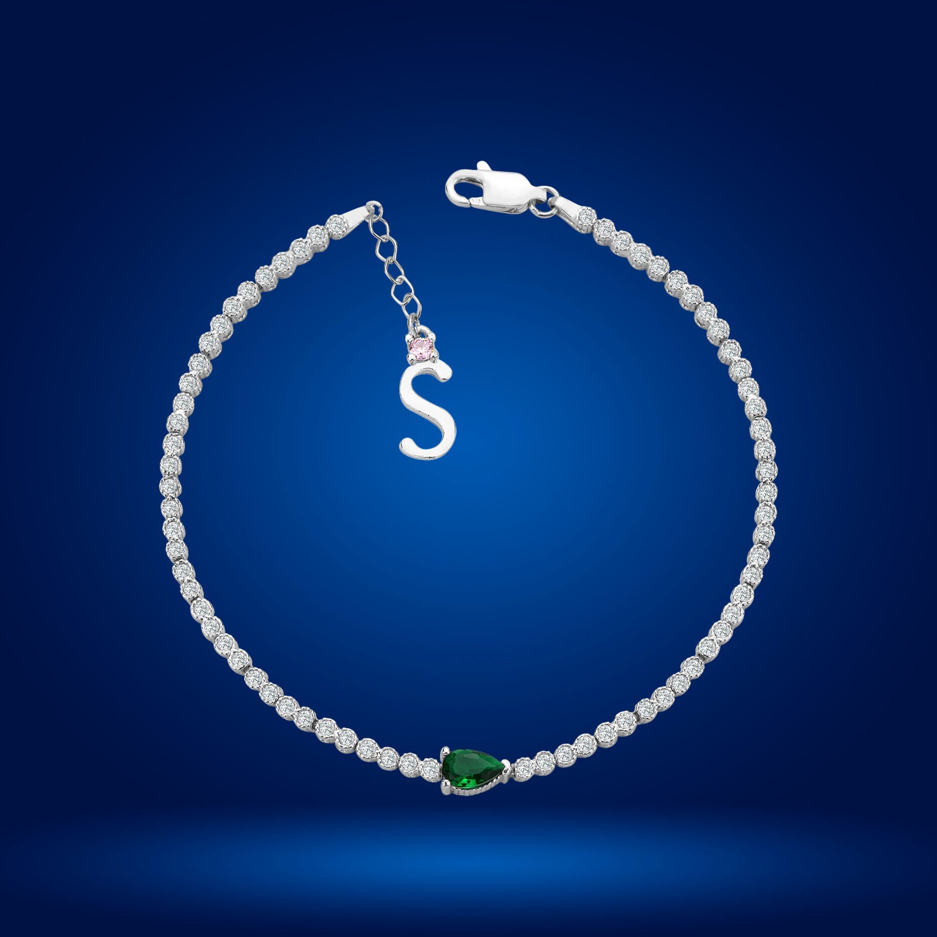 925 Ayar Gümüş Pırlanta Montürlü Damla Zincir Harfli Su Yolu Bileklik S