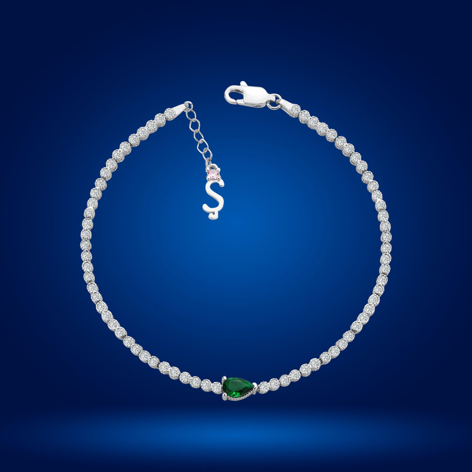 925 Ayar Gümüş Pırlanta Montürlü Damla Zincir Harfli Su Yolu Bileklik Ş