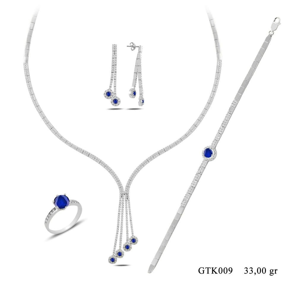 925 Ayar Gümüş 2 Sıra Salkım Mavi Tek Taş Su Yolu Set