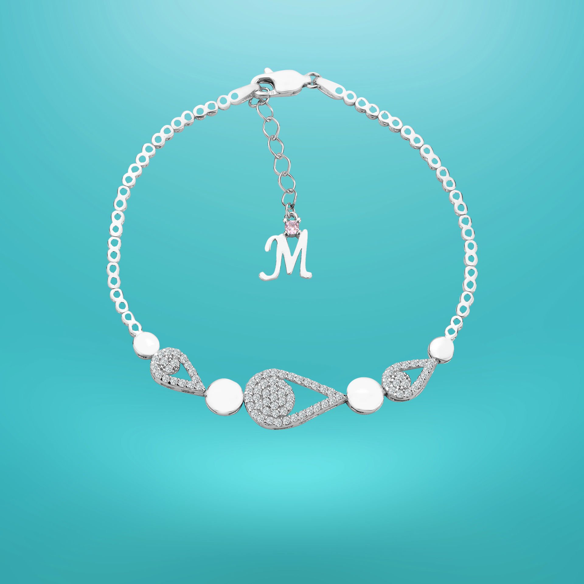 925 Ayar Gümüş Damla Zincir Harfli Su Yolu Bileklik M