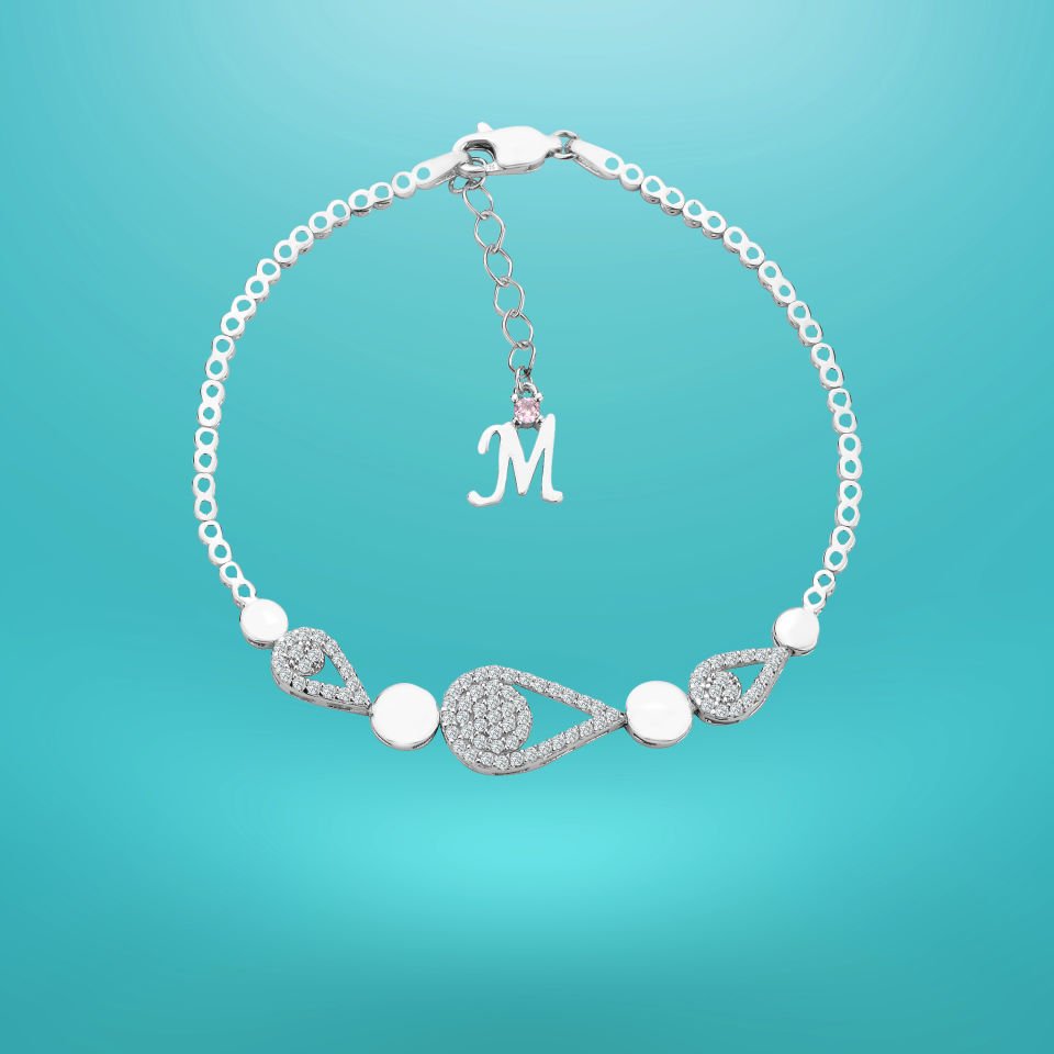 925 Ayar Gümüş Damla Zincir Harfli Su Yolu Bileklik M