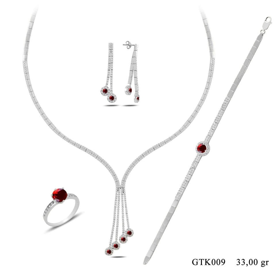 925 Ayar Gümüş 2 Sıra Salkım Kırmızı Tek Taş Su Yolu Set