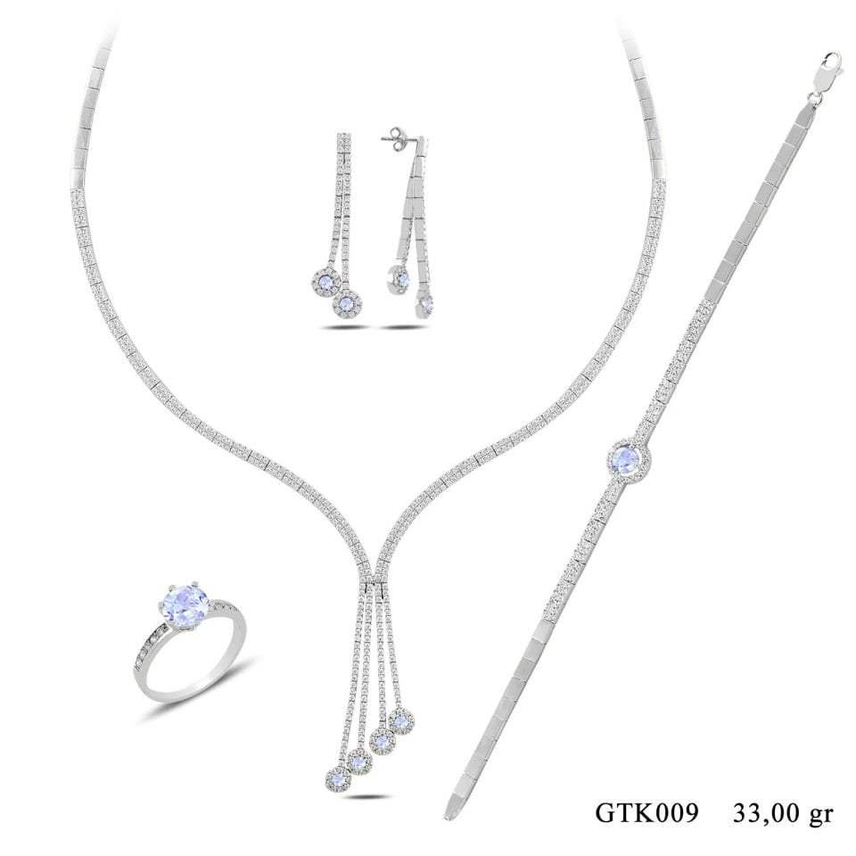 925 Ayar Gümüş 2 Sıra Salkım Beyaz Tek Taş Su Yolu Set