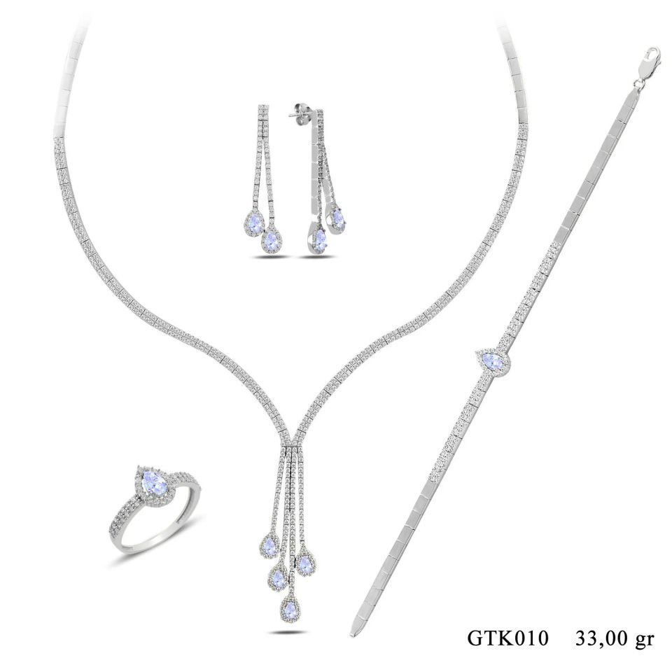 BARIŞ TAKI 925 Ayar Gümüş Salkım 2 Sıra Beyaz Damla Su Yolu Bayan Düğün Set