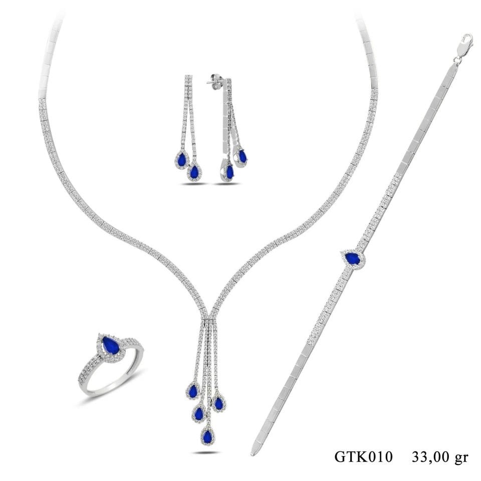 BARIŞ TAKI 925 Ayar Gümüş Salkım 2 Sıra Mavi Damla Su Yolu Bayan Düğün Set
