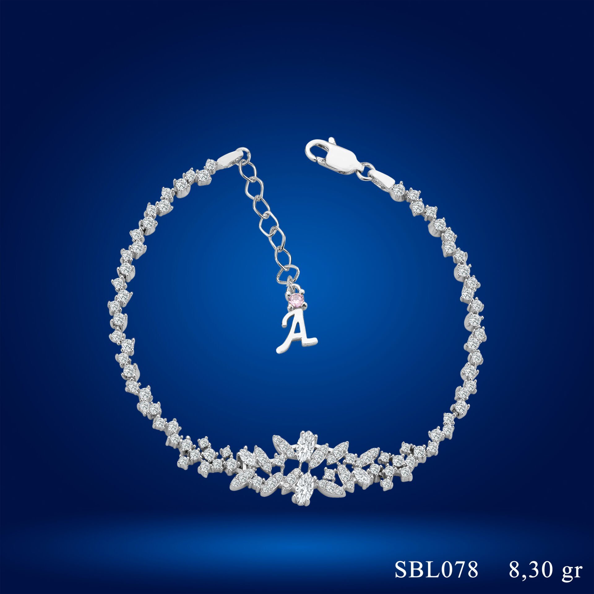 925 Ayar Gümüş Pırlanta Montürlü Mekik Zincir Harfli Su Yolu Bileklik