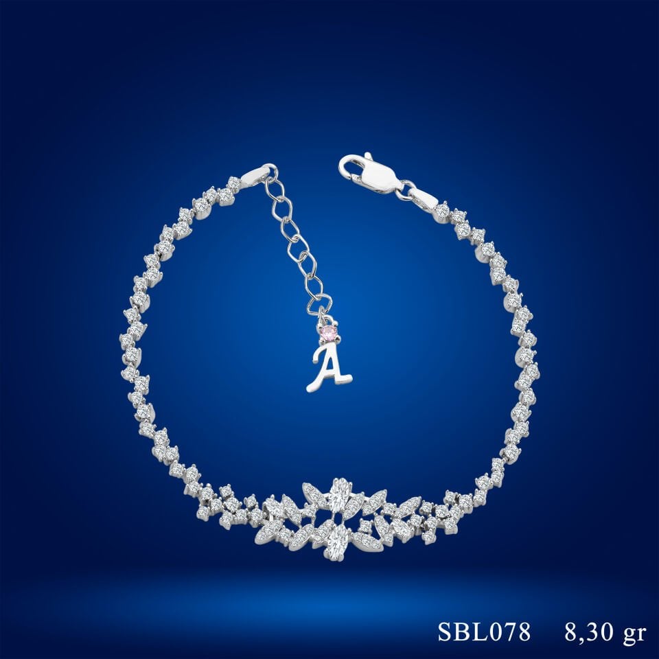 925 Ayar Gümüş Pırlanta Montürlü Mekik Zincir Harfli Su Yolu Bileklik