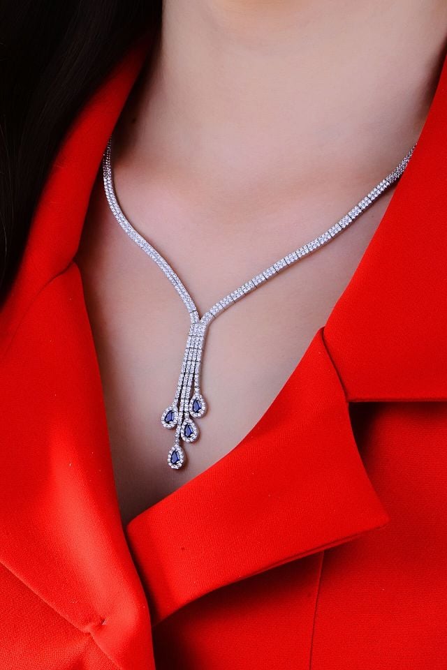 BARIŞ TAKI 925 Ayar Gümüş Salkım 2 Sıra Mavi Damla Su Yolu Bayan Düğün Set