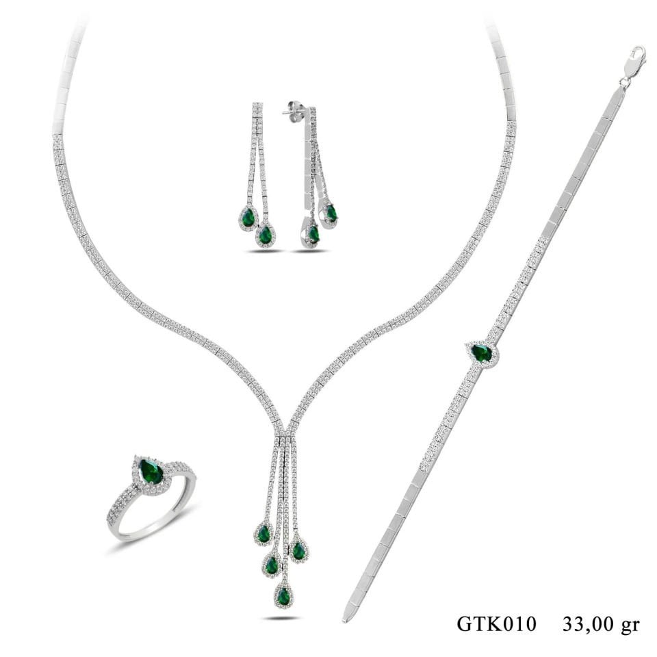 BARIŞ TAKI 925 Ayar Gümüş Salkım 2 Sıra Yeşil Damla Su Yolu Bayan Düğün Set