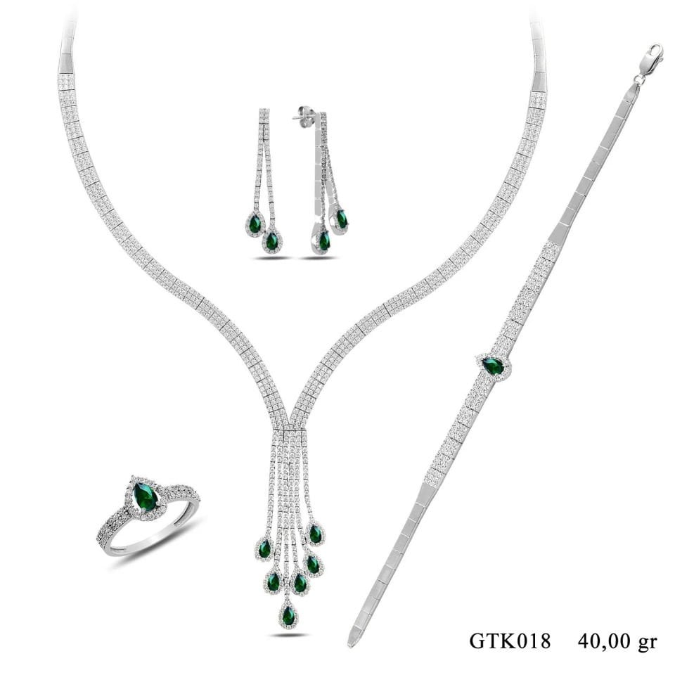 BARIŞ TAKI 925 Ayar Gümüş Salkım 3 Sıra Yeşil Damla Su Yolu Bayan Düğün Seti
