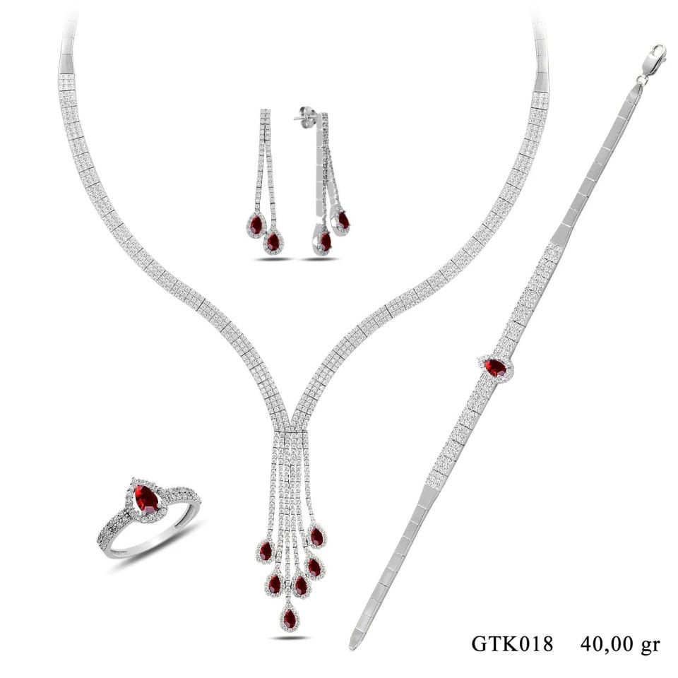 BARIŞ TAKI 925 Ayar Gümüş Salkım 3 Sıra Kırmızı Damla Su Yolu Bayan Düğün Seti