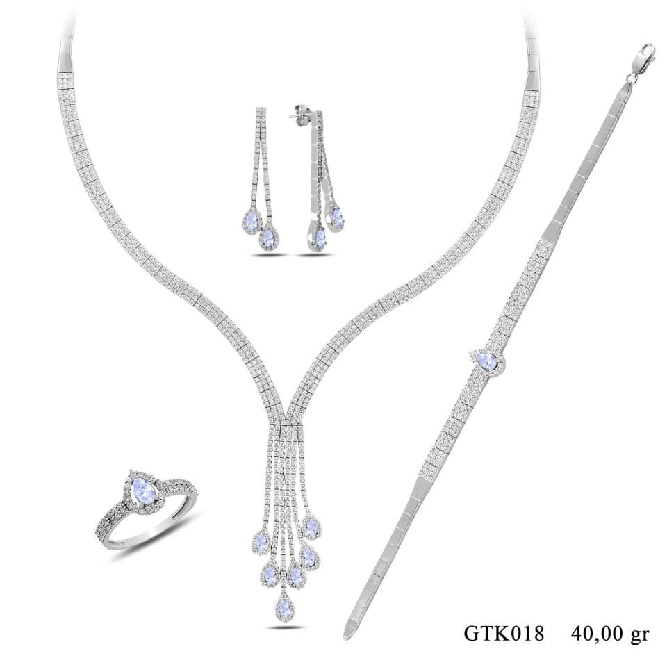 BARIŞ TAKI 925 Ayar Gümüş Salkım 3 Sıra Beyaz Damla Su Yolu Bayan Düğün Seti