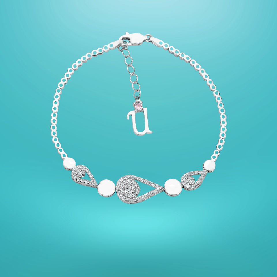 925 Ayar Gümüş Damla Zincir Harfli Su Yolu Bileklik U