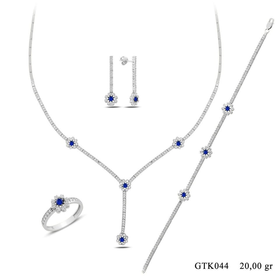 BARIŞ TAKI 925 Ayar Gümüş Mavi Papatya Salkım Pırlanta Montür Su Yolu Düğün Seti