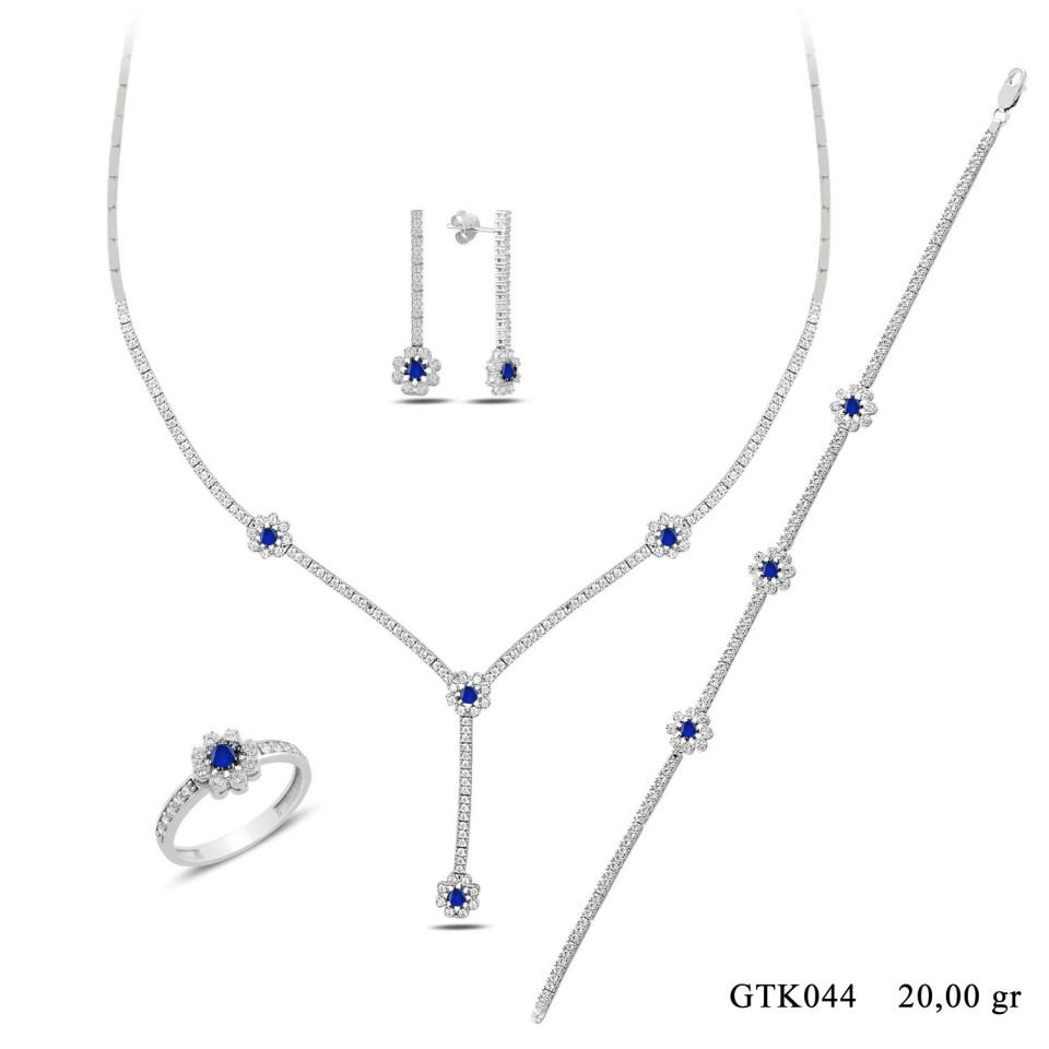 BARIŞ TAKI 925 Ayar Gümüş Mavi Papatya Salkım Pırlanta Montür Su Yolu Düğün Seti