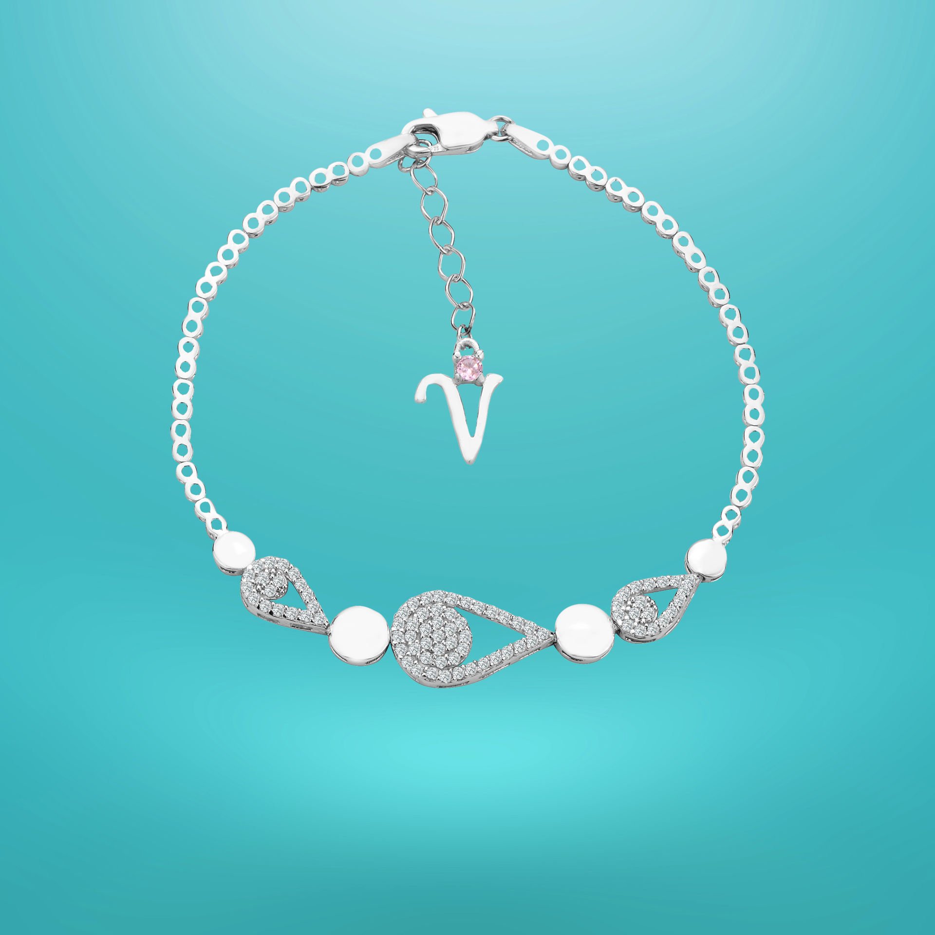 925 Ayar Gümüş Damla Zincir Harfli Su Yolu Bileklik V