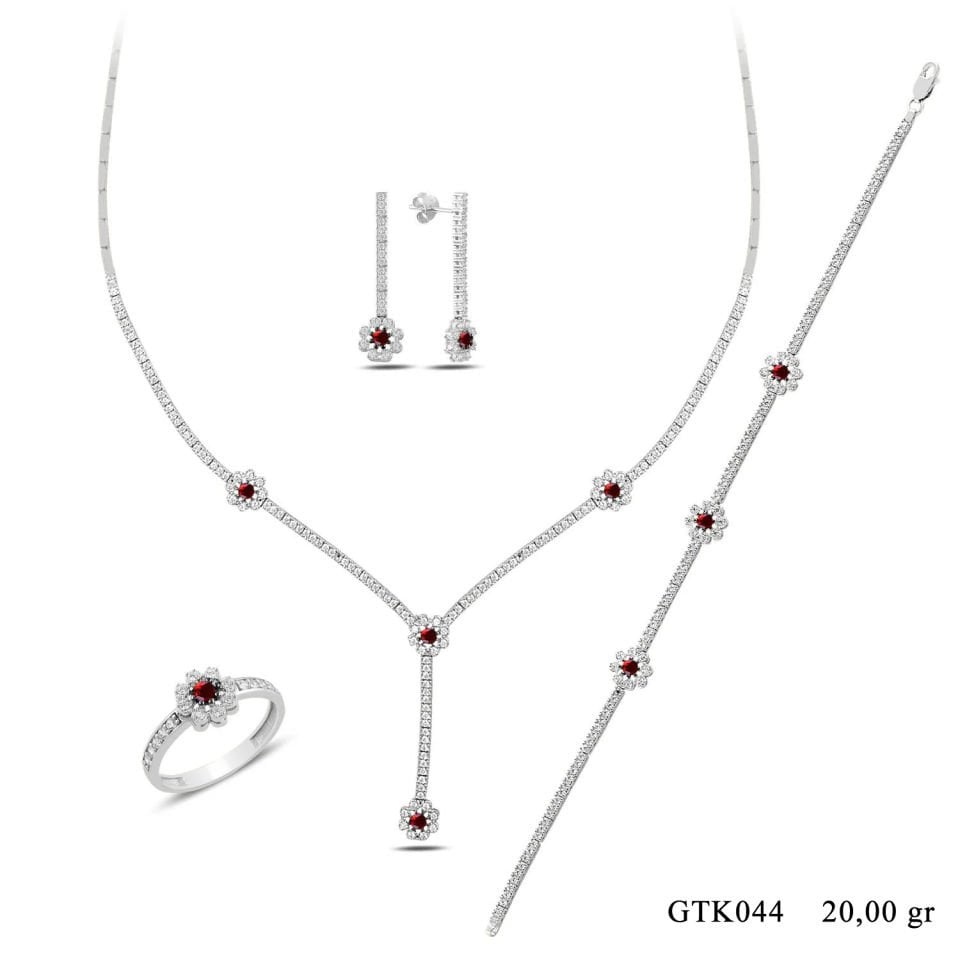 BARIŞ TAKI 925 Ayar Gümüş Kırmızı Papatya Salkım Pırlanta Montür Su Yolu Düğün Seti