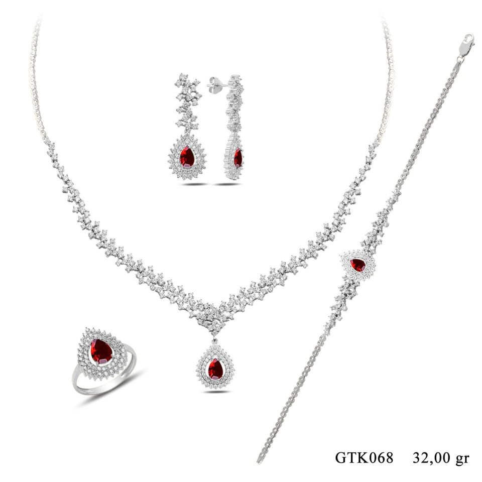 BARIŞ TAKI 925 Ayar Gümüş Hürrem Kırmızı Pırlanta Su Yolu Düğün, Özel Gün Seti