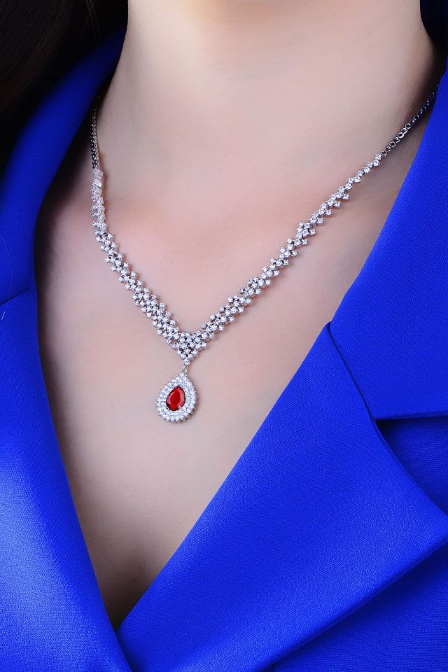 BARIŞ TAKI 925 Ayar Gümüş Hürrem Kırmızı Pırlanta Su Yolu Düğün, Özel Gün Seti