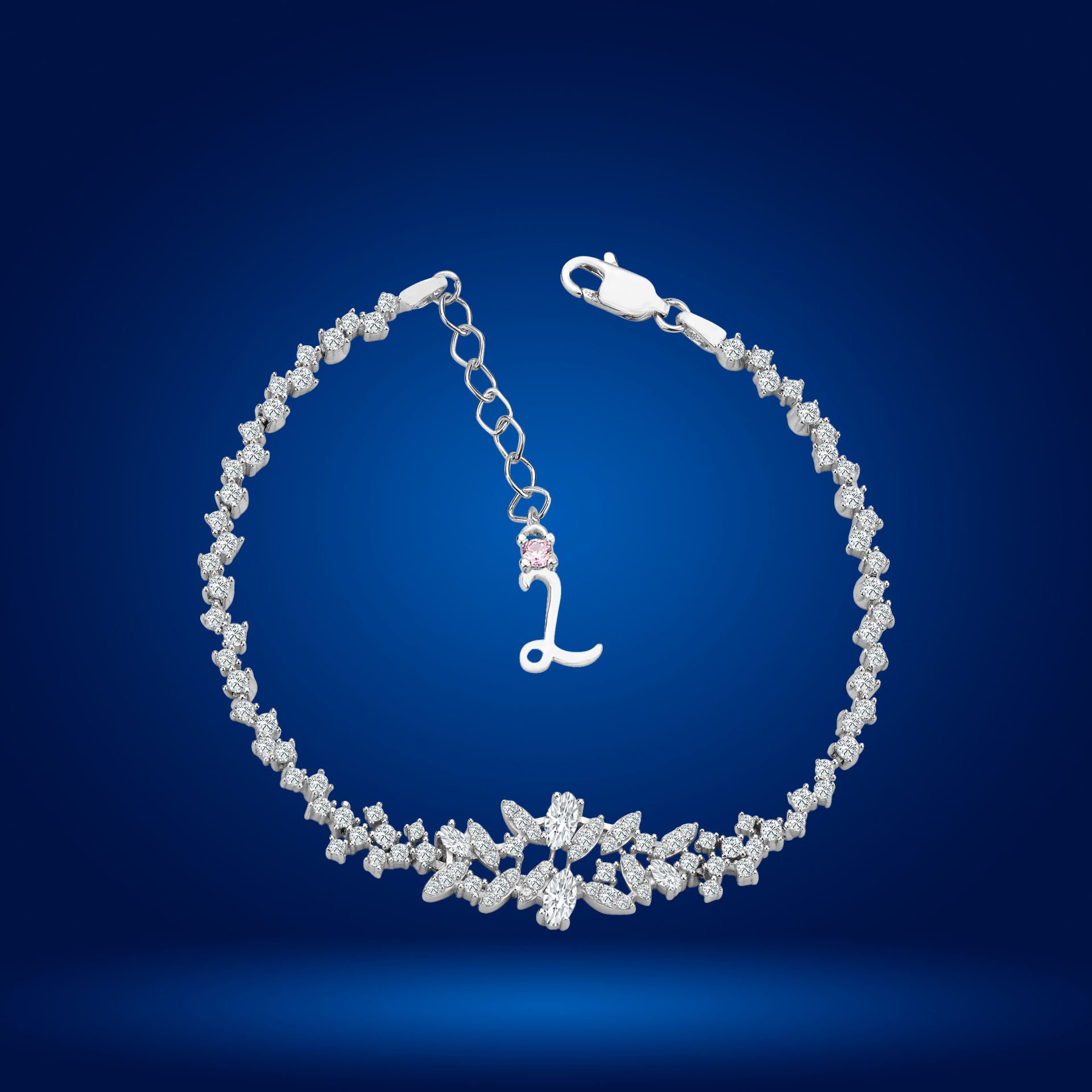 925 Ayar Gümüş Pırlanta Montürlü Mekik Zincir Harfli Su Yolu Bileklik L