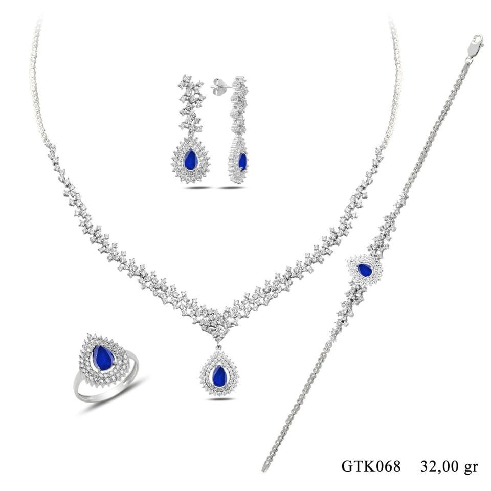 BARIŞ TAKI 925 Ayar Gümüş Hürrem Mavi Pırlanta Su Yolu Düğün, Özel Gün Seti