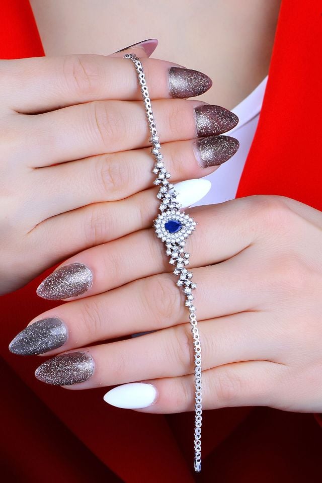 BARIŞ TAKI 925 Ayar Gümüş Hürrem Mavi Pırlanta Su Yolu Düğün, Özel Gün Seti