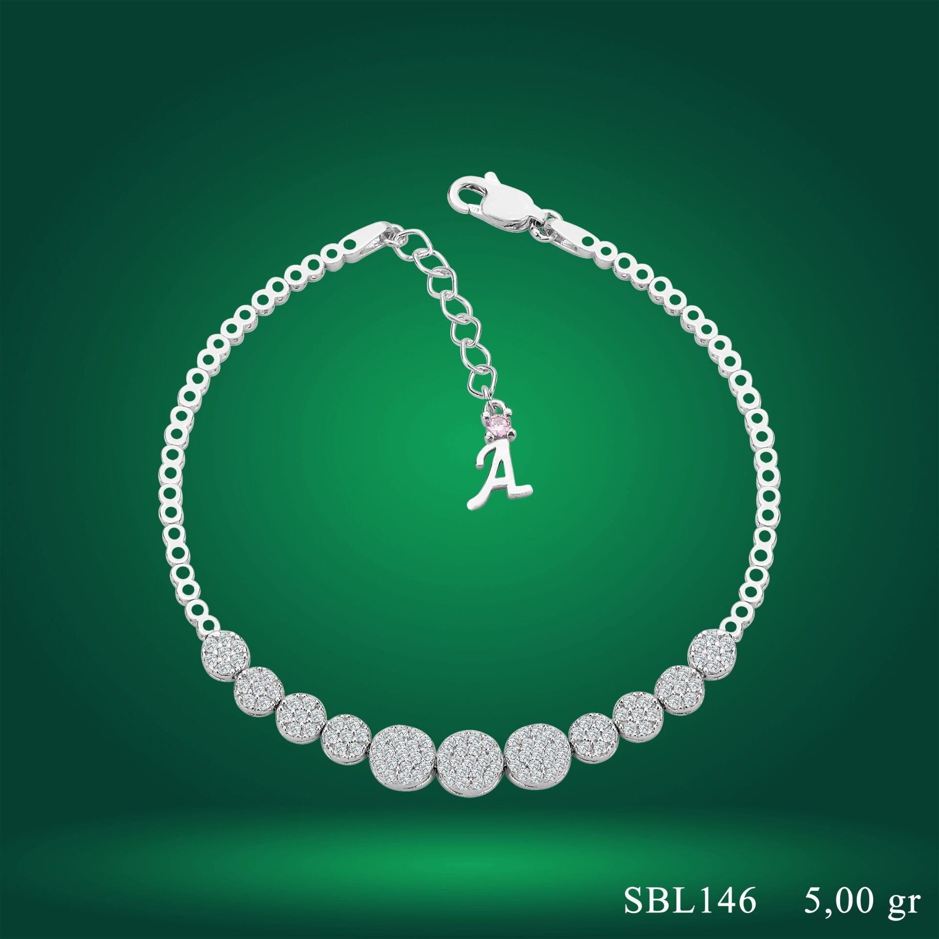 925 Ayar Gümüş Pırlanta Montür Zincir Harfli Su Yolu Bileklik