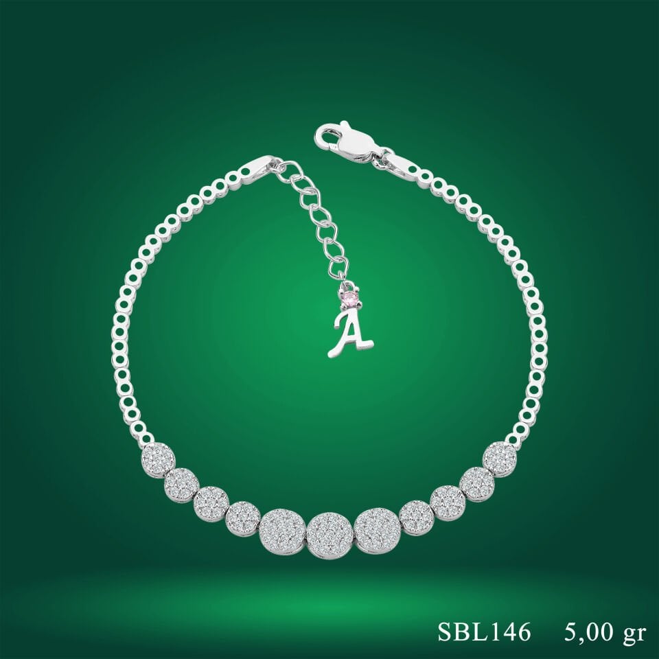 925 Ayar Gümüş Pırlanta Montür Zincir Harfli Su Yolu Bileklik