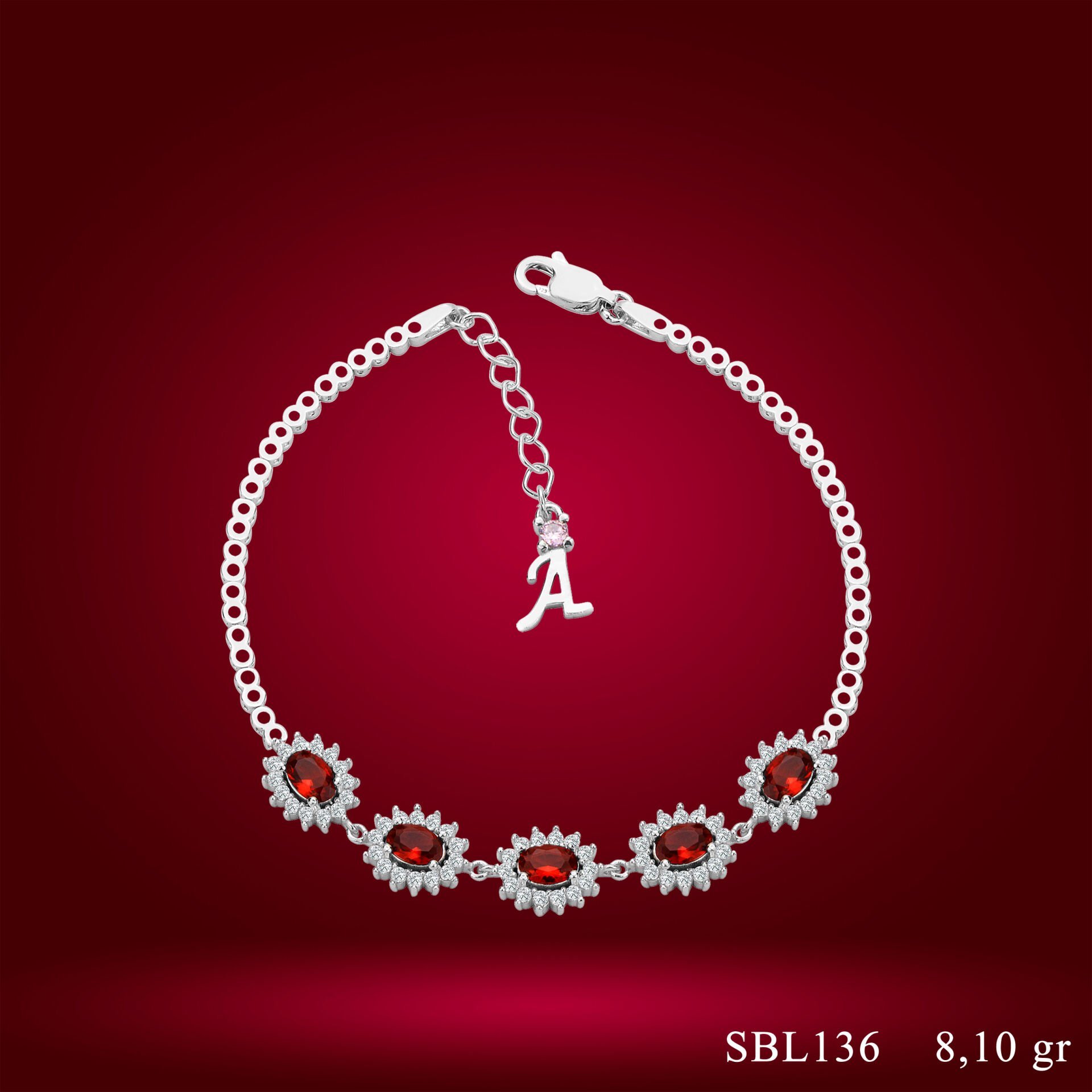 925 Ayar Gümüş Kırmızı Taşlı Çiçek Model Zincir Harfli Su Yolu Bileklik