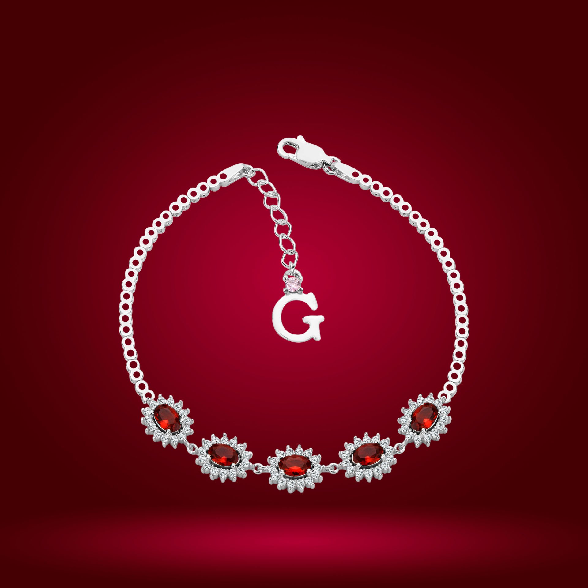 925 Ayar Gümüş Kırmızı Taşlı Çiçek Model Zincir Harfli Su Yolu Bileklik Ğ