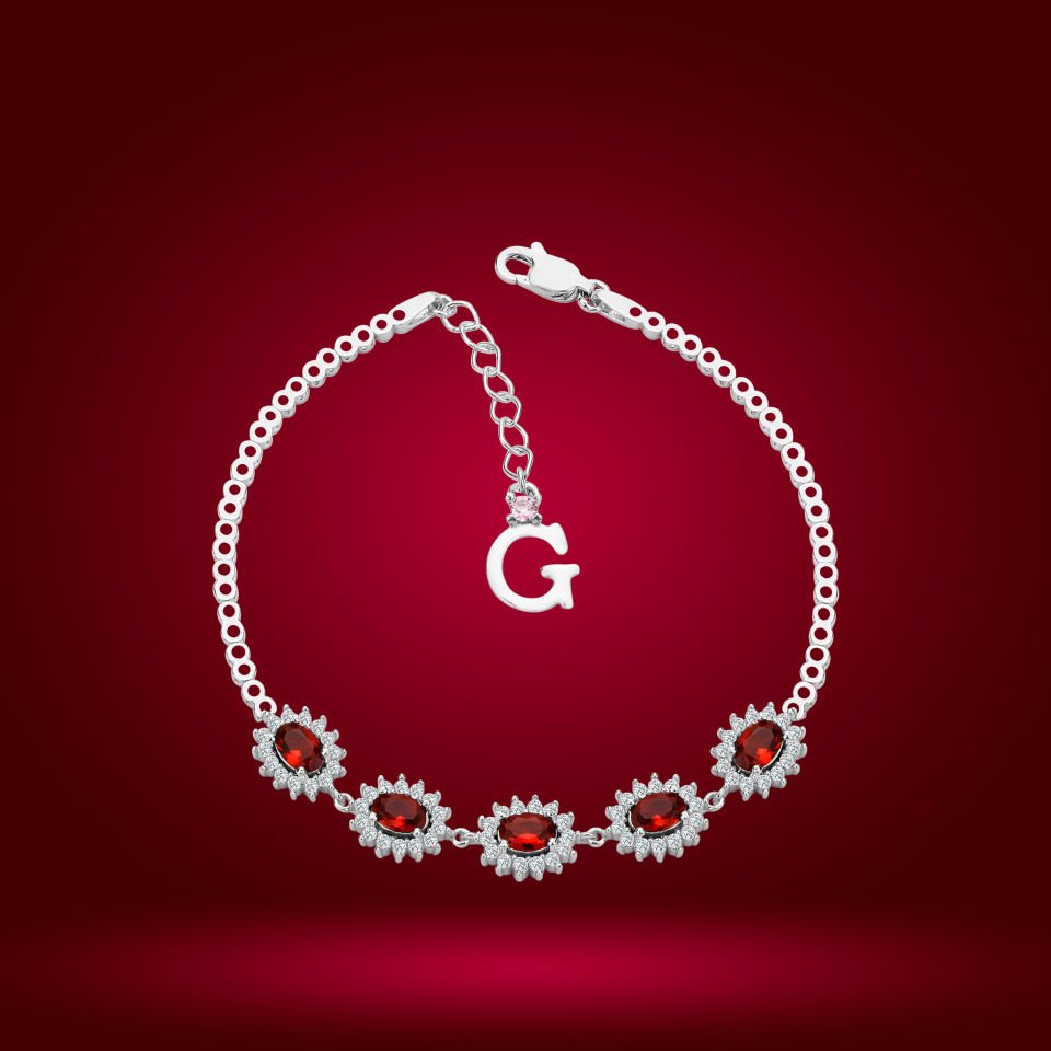 925 Ayar Gümüş Kırmızı Taşlı Çiçek Model Zincir Harfli Su Yolu Bileklik Ğ