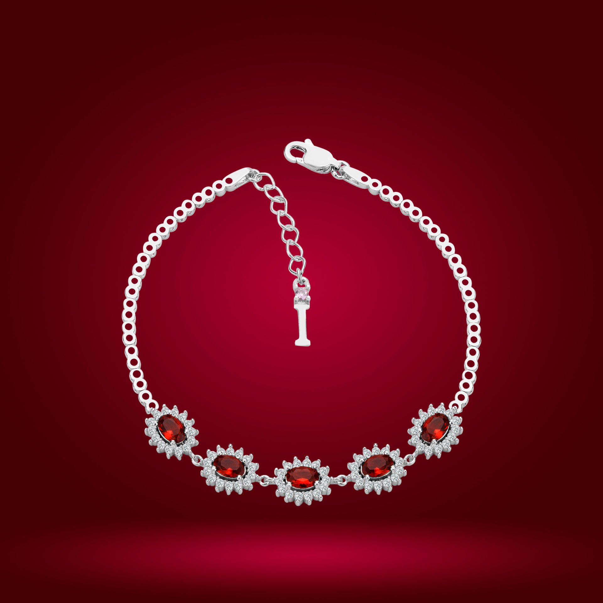 925 Ayar Gümüş Kırmızı Taşlı Çiçek Model Zincir Harfli Su Yolu Bileklik İ