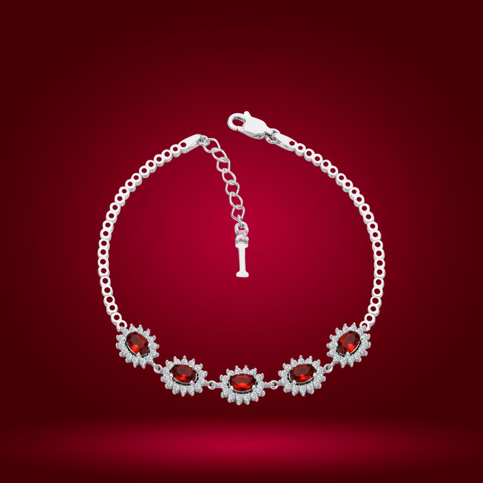 925 Ayar Gümüş Kırmızı Taşlı Çiçek Model Zincir Harfli Su Yolu Bileklik İ