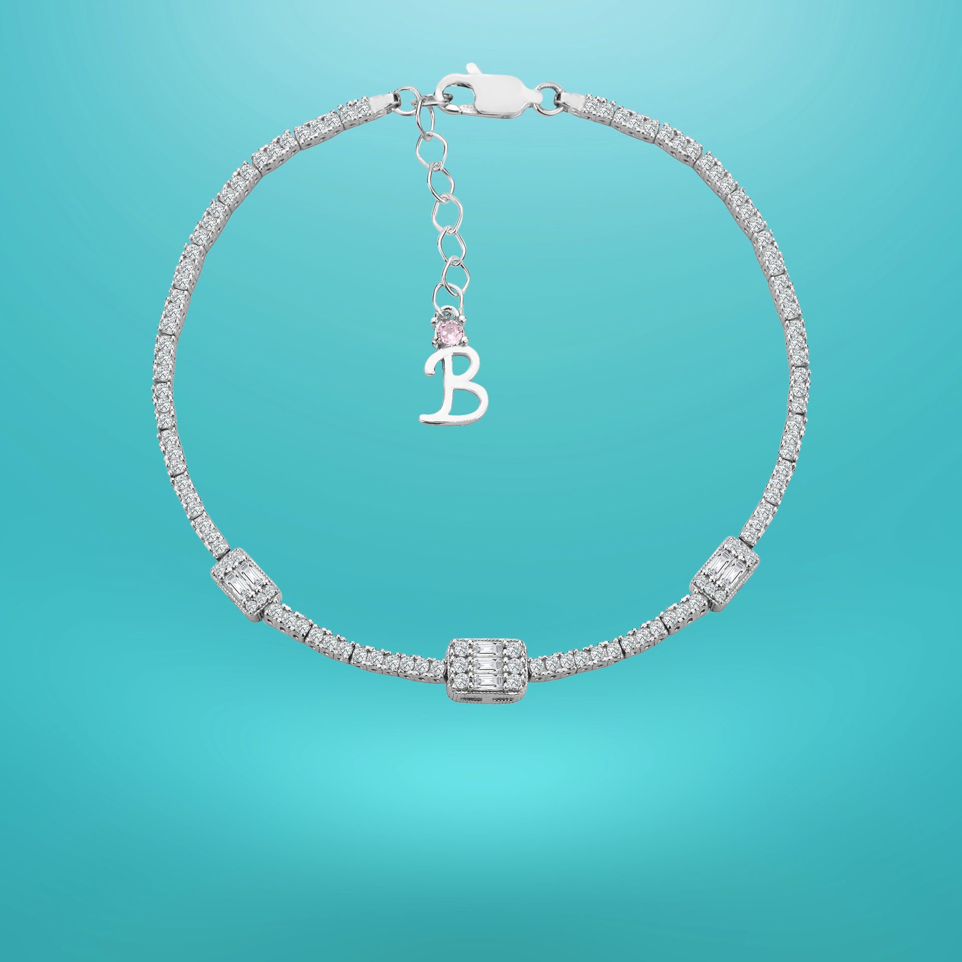 925 Ayar Gümüş Üçlü Baget Zincir Harfli Su Yolu Bileklik B