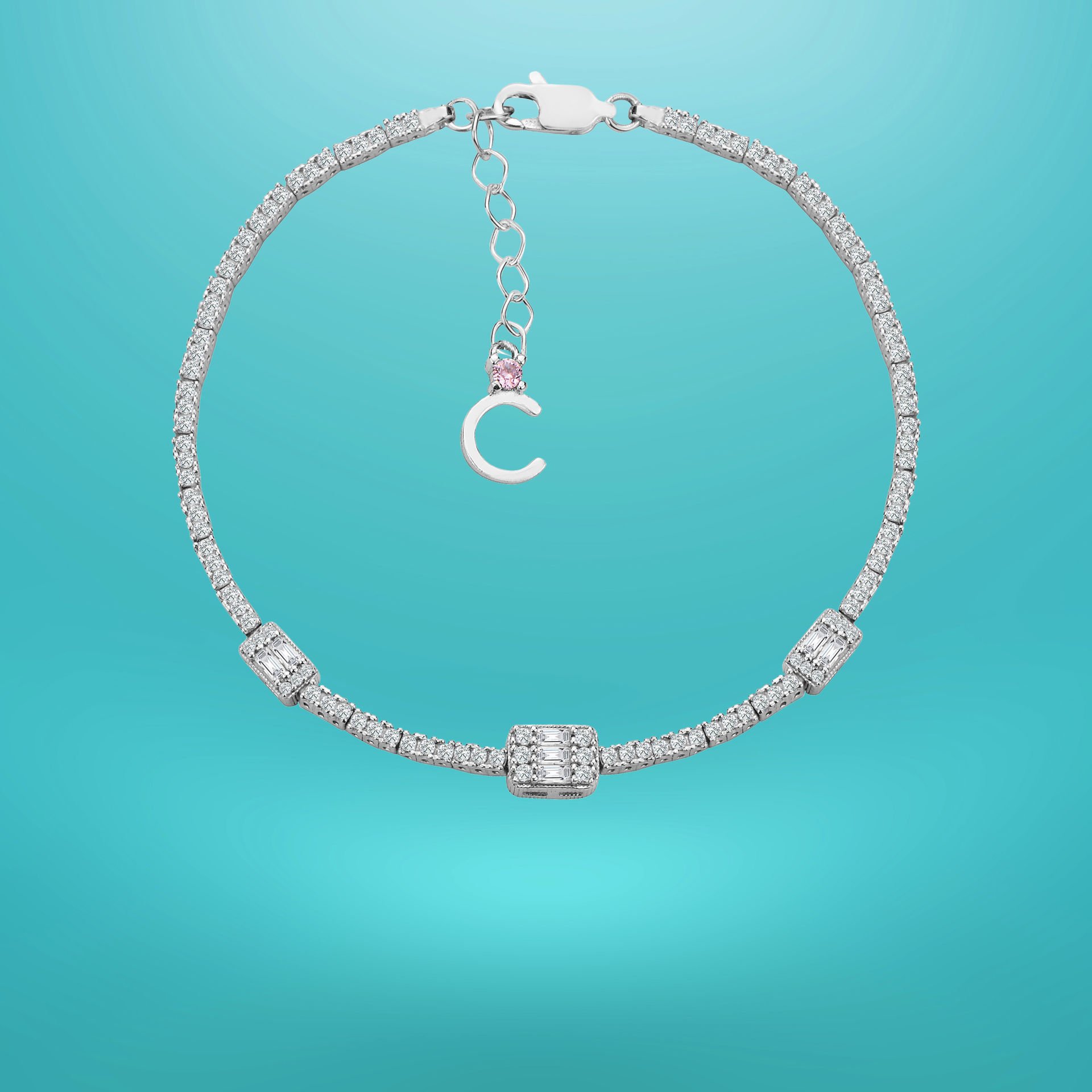 925 Ayar Gümüş Üçlü Baget Zincir Harfli Su Yolu Bileklik C