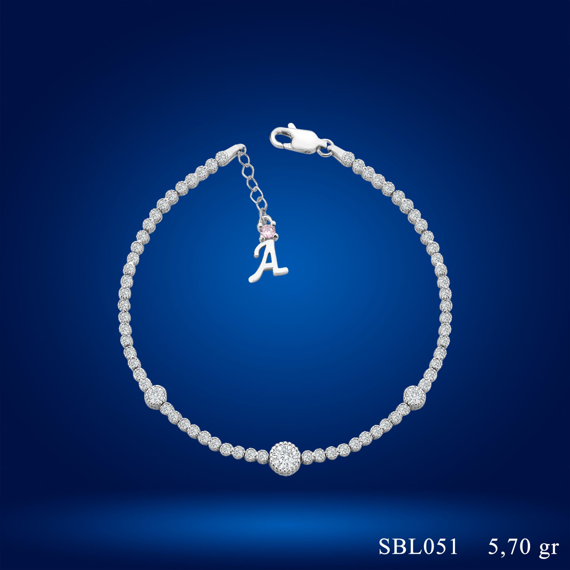 925 Ayar Gümüş Tek Taş Pırlanta Model Zincir Harfli Su Yolu Bileklik