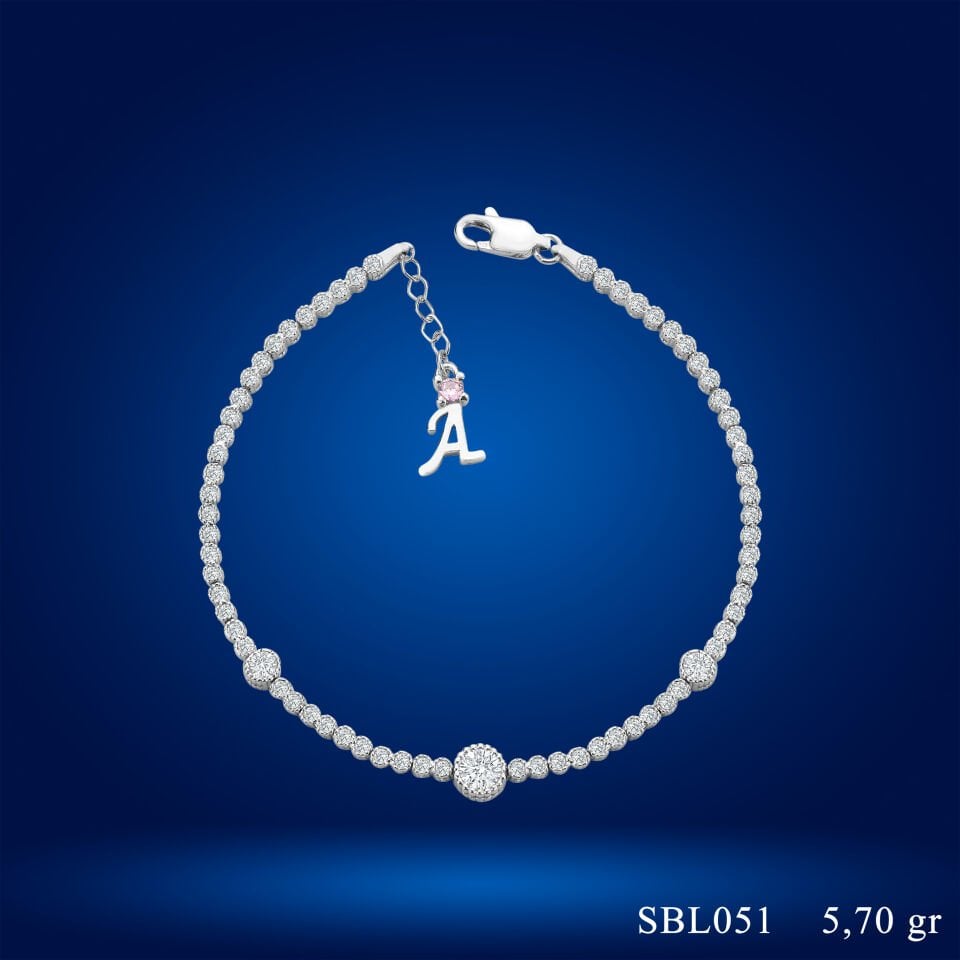 925 Ayar Gümüş Tek Taş Pırlanta Model Zincir Harfli Su Yolu Bileklik