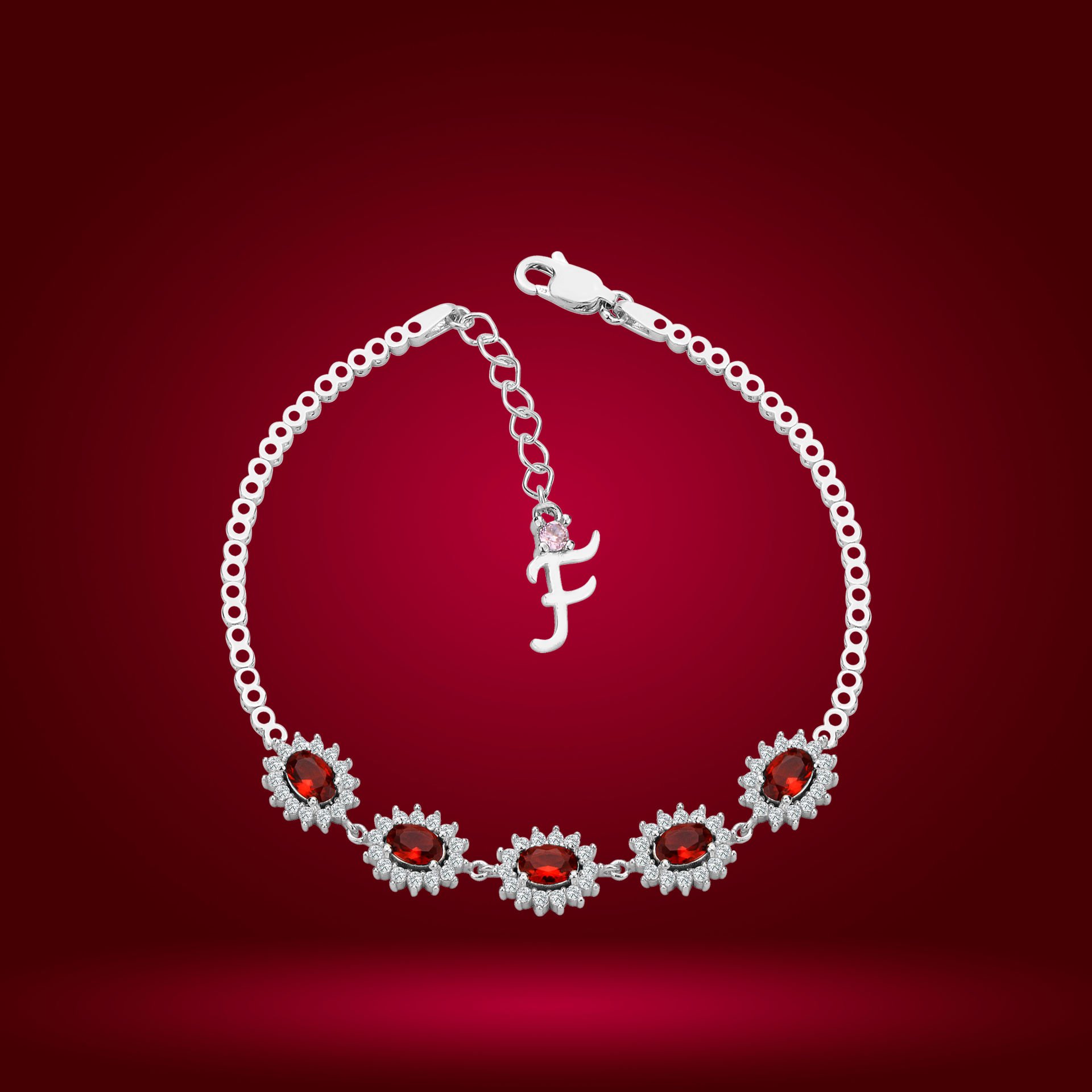 925 Ayar Gümüş Kırmızı Taşlı Çiçek Model Zincir Harfli Su Yolu Bileklik F