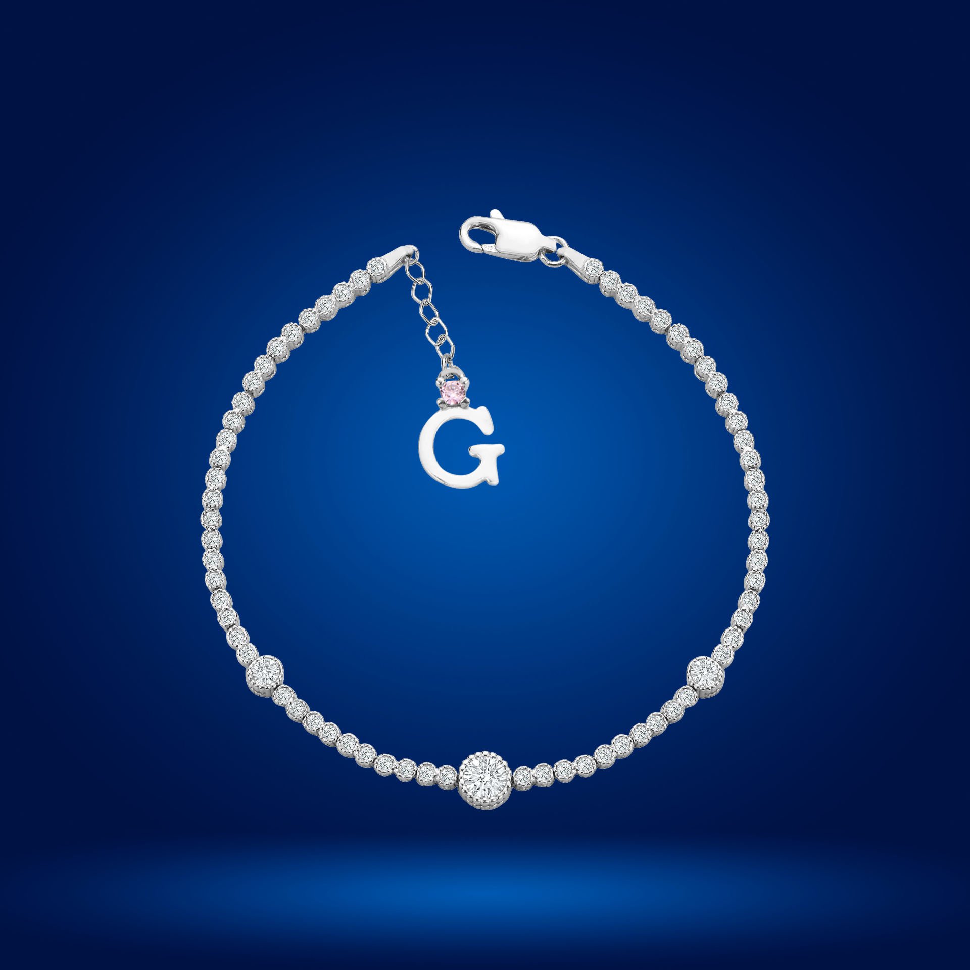 925 Ayar Gümüş Tek Taş Pırlanta Model Zincir Harfli Su Yolu Bileklik Ğ